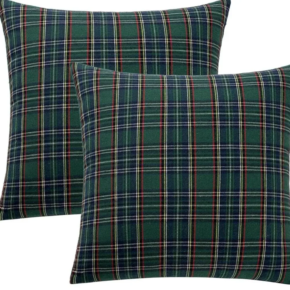 PB RL Style Tartan Plaid Pillow Covers Euro 20” x 20” Navy Green Cozy Warm NWT